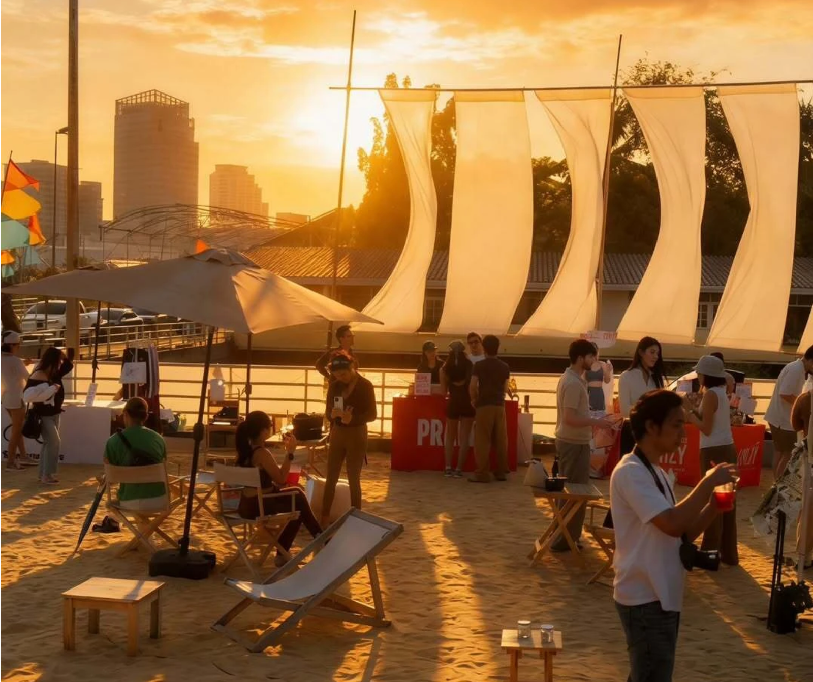 people standing on the riverside with the sunset as the backdrop