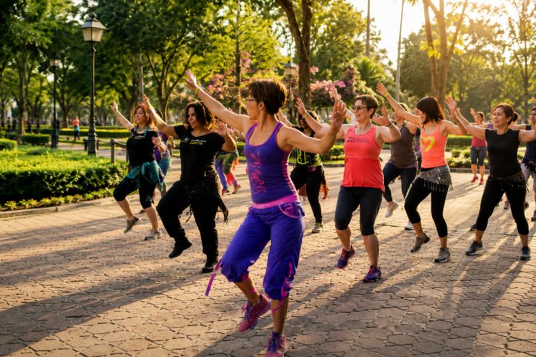 women doing aerobics in a park in Bangkok