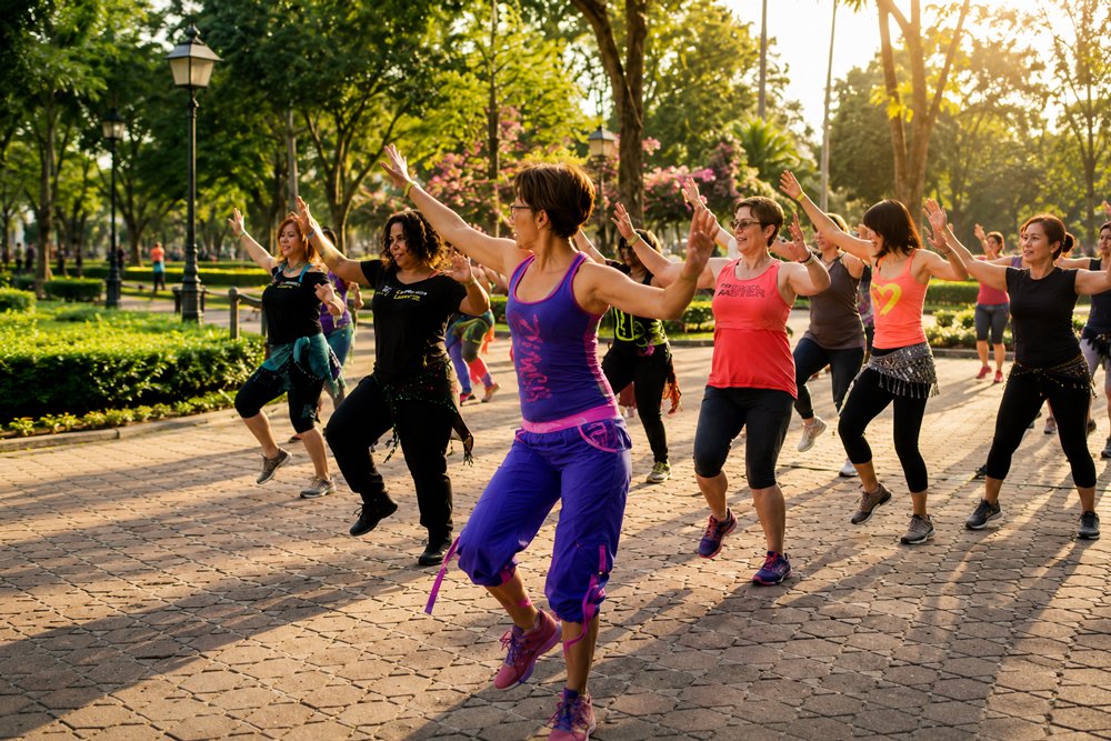 women doing aerobics in a park in Bangkok